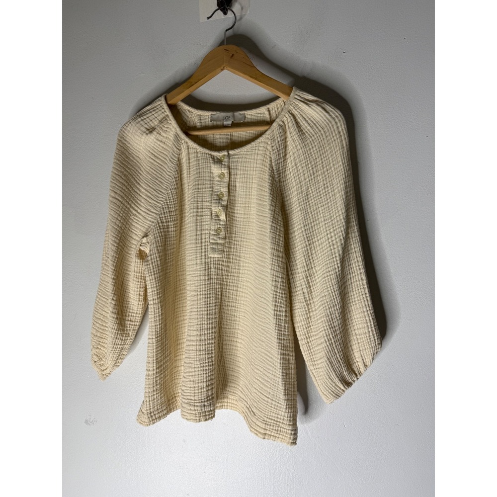 LOFT Cream Double Gauze Cotton Blouse half Button Front Long Sleeve Top pheasant
